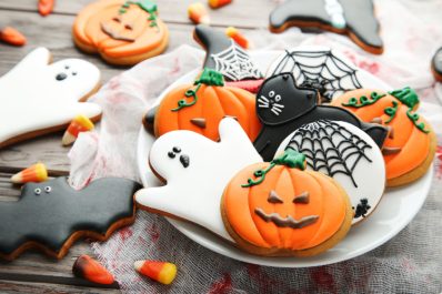 Halloween decorated gingerbread biscuits on plate