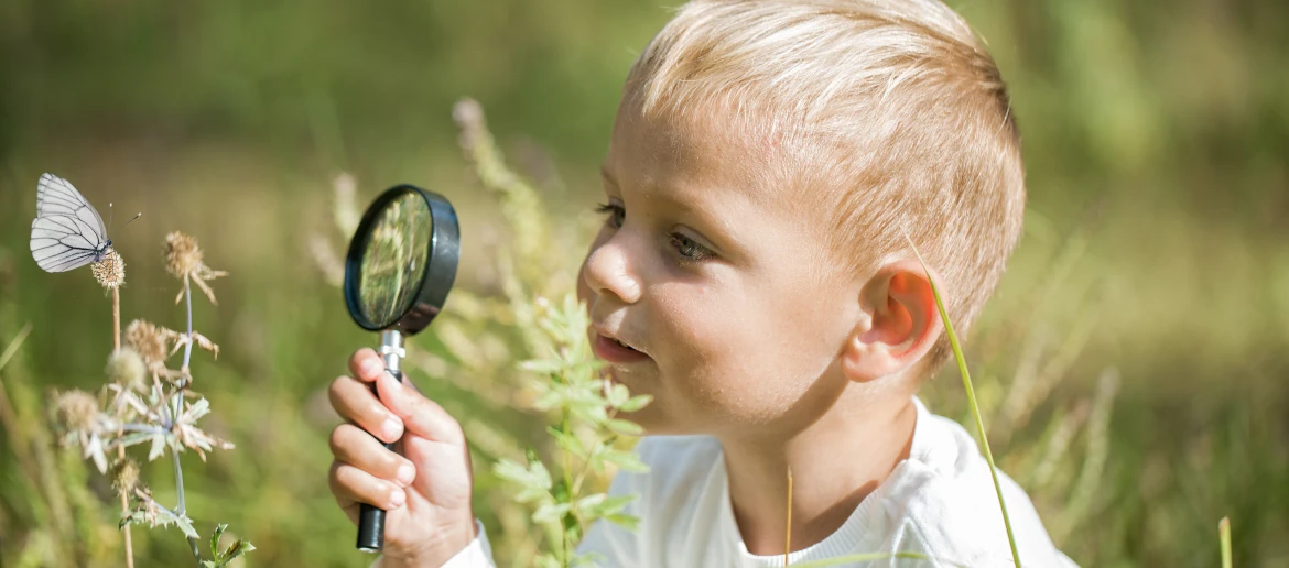 young boy looking at butterfly through magnifying glass